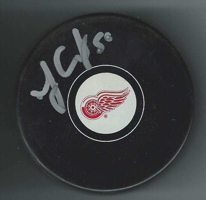 Jonas Gustavsson Signed Detroit Red Wings Puck