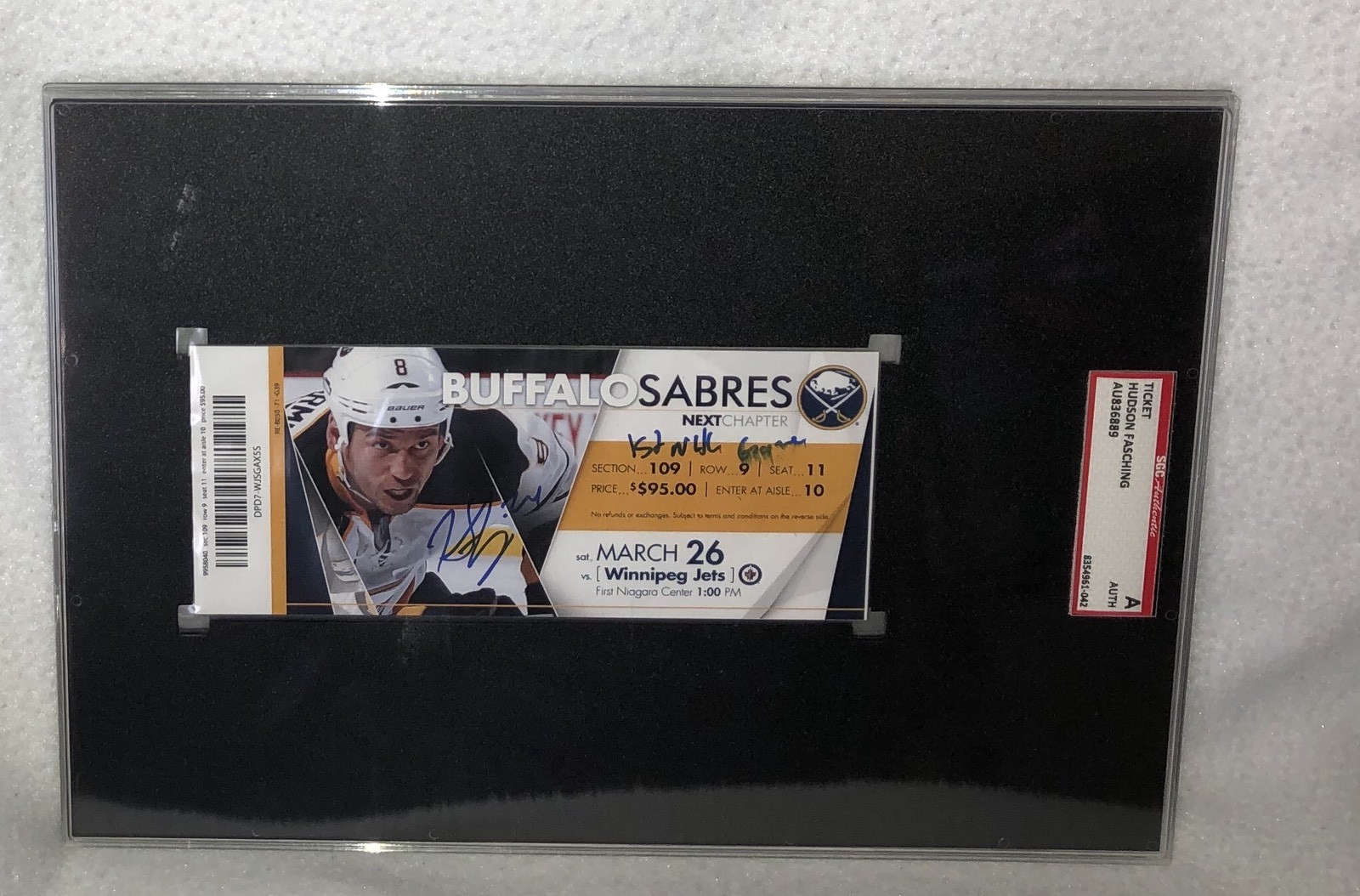 HUDSON FASCHING SABRES SIGNED 1ST NHL GOAL TICKET SGC AU836889 GOLDEN GOPHERS