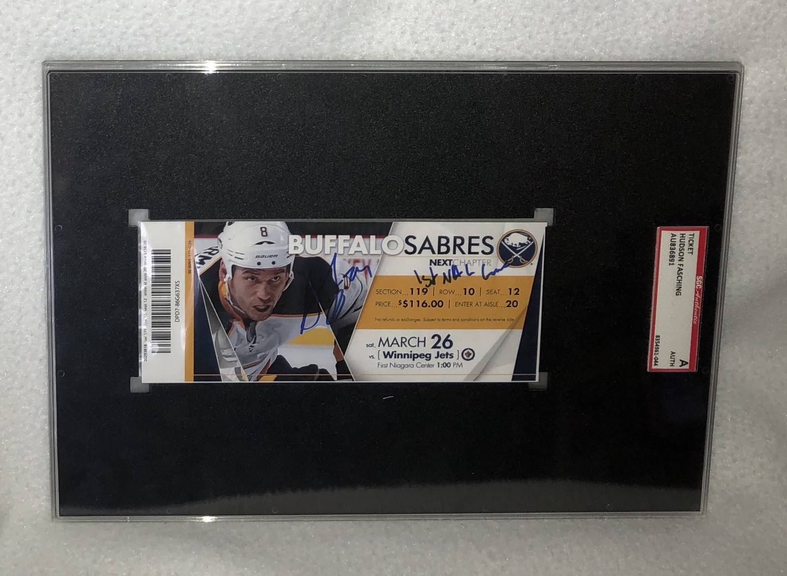 HUDSON FASCHING SABRES SIGNED 1ST NHL GOAL TICKET SGC AU836891 GOLDEN GOPHERS