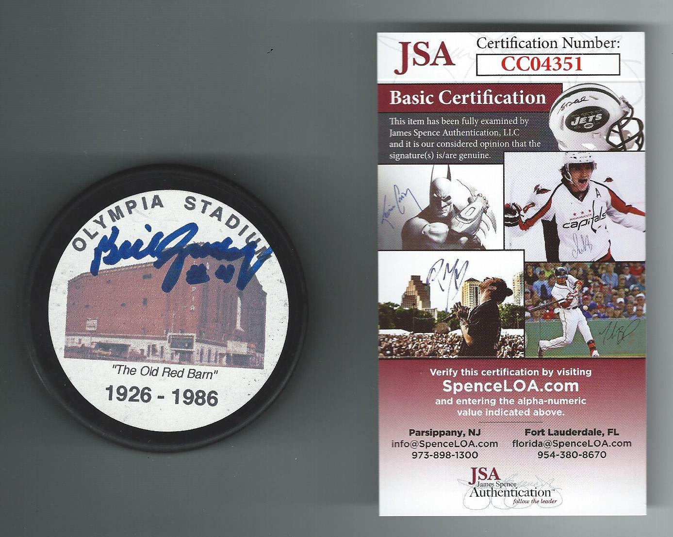 Bill Gadsby Signed Detroit Red Wings Olympia Stadium Puck JSA Authenticated