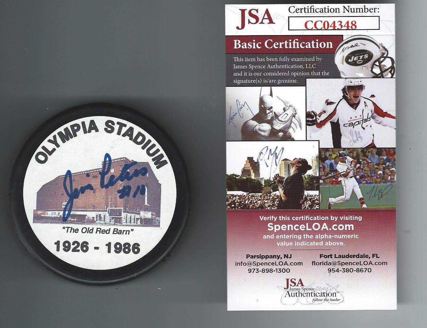 Jim Peters Signed Detroit Red Wings Olympia Stadium Puck JSA Authenticated