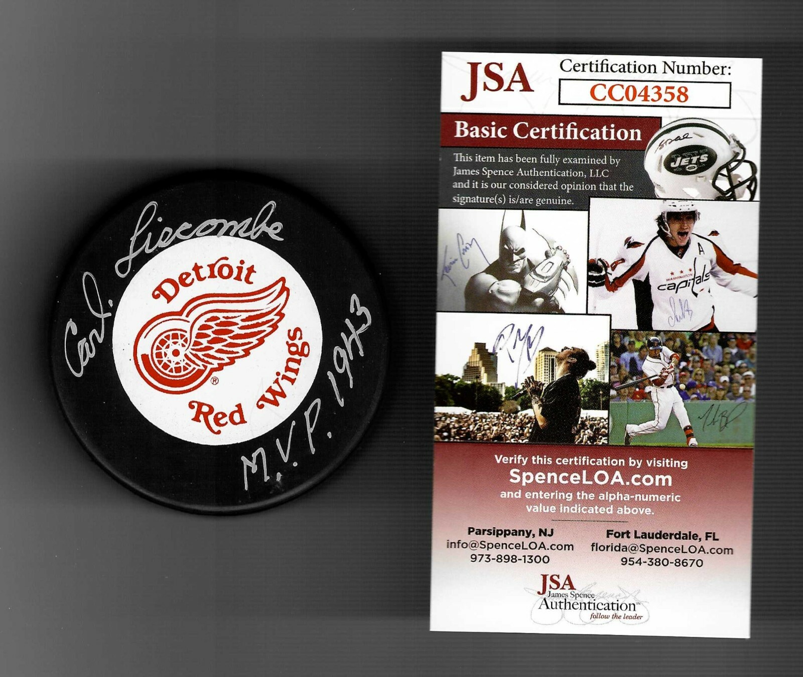 Carl Liscombe Signed & Inscribed 1943 MVP Detroit Red Wings Trench Puck JSA COA