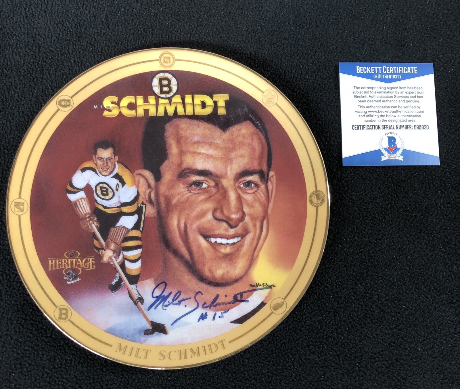 Milt Schmidt Signed 1994 Legends Of Hockey Boston Bruins Plate Beckett COA