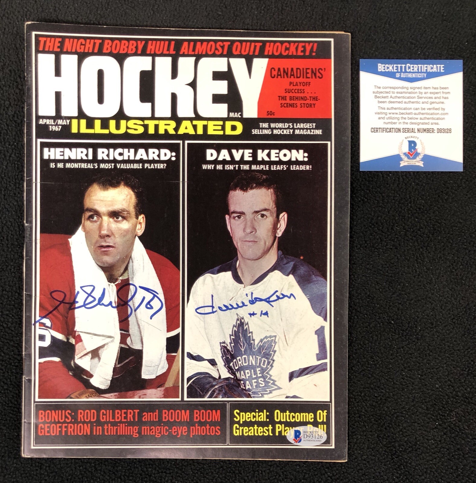 Henri Richard & Dave Keon Signed Hockey Illustrated Magazine Beckett COA