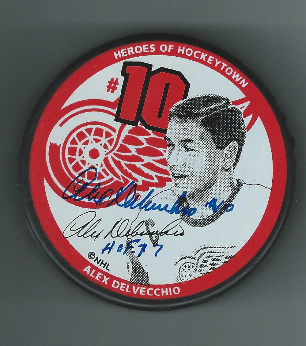 Alex Delvecchio Signed & Inscribed Detroit Red Wings Little Caesars Puck