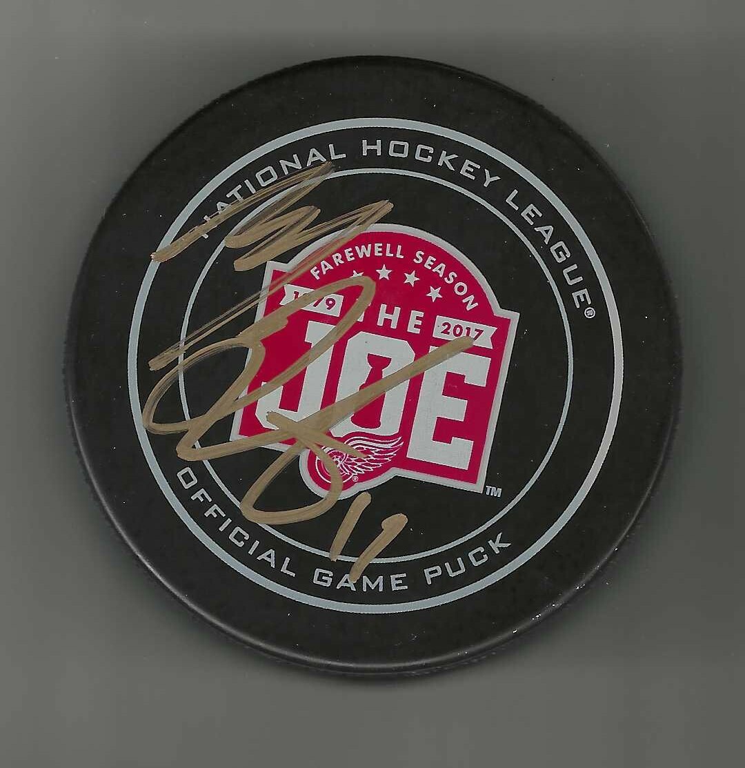 Mathieu Dandenault Signed Detroit Red Wings Joe Louis Arena Final Season Puck