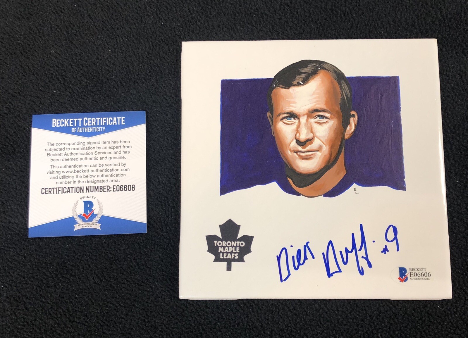 Dick Duff Signed Toronto Maple Leafs Hand Painted Tile Beckett COA