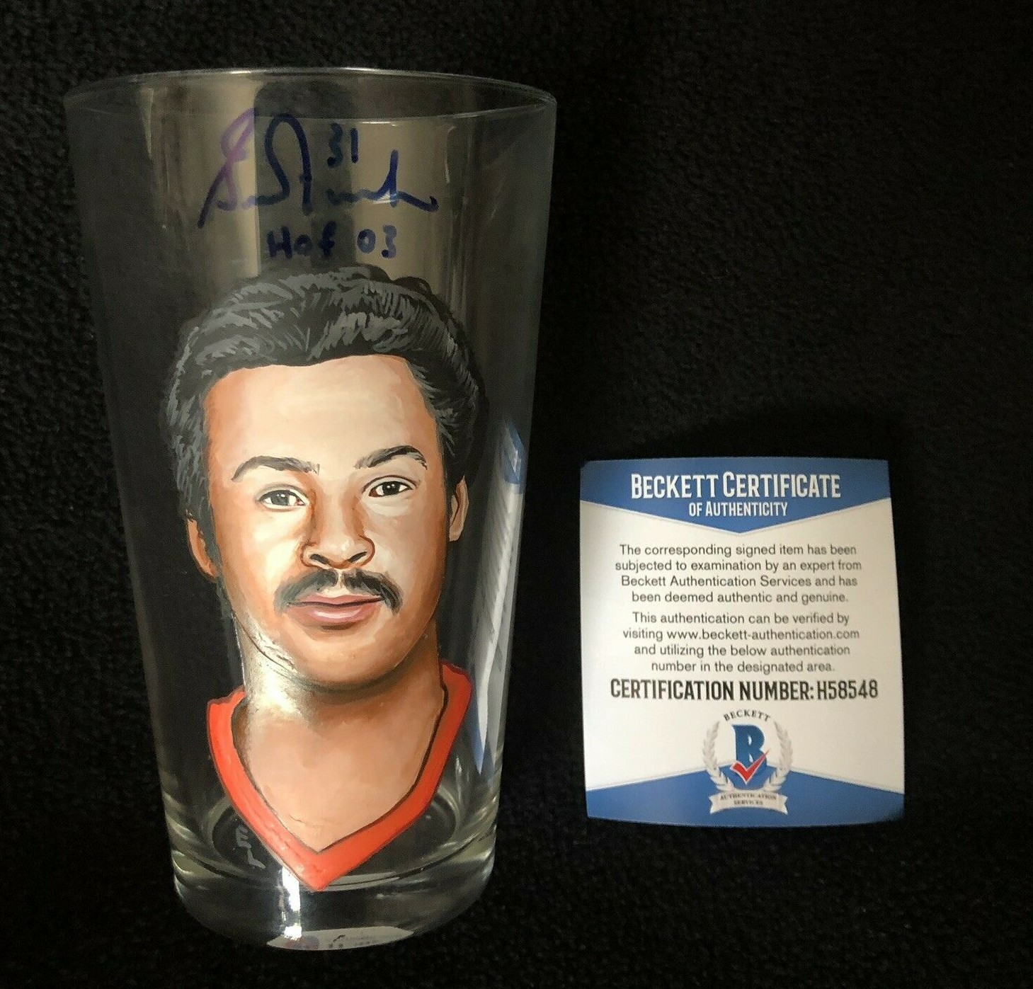 Grant Fuhr Signed & Inscribed Painted Edmonton Oilers Pint Glass Beckett COA
