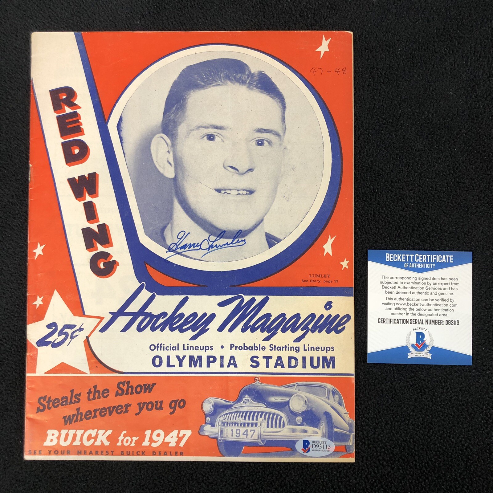 Harry Lumley Signed Detroit Red Wings 1947 Olympia Game Program Beckett COA