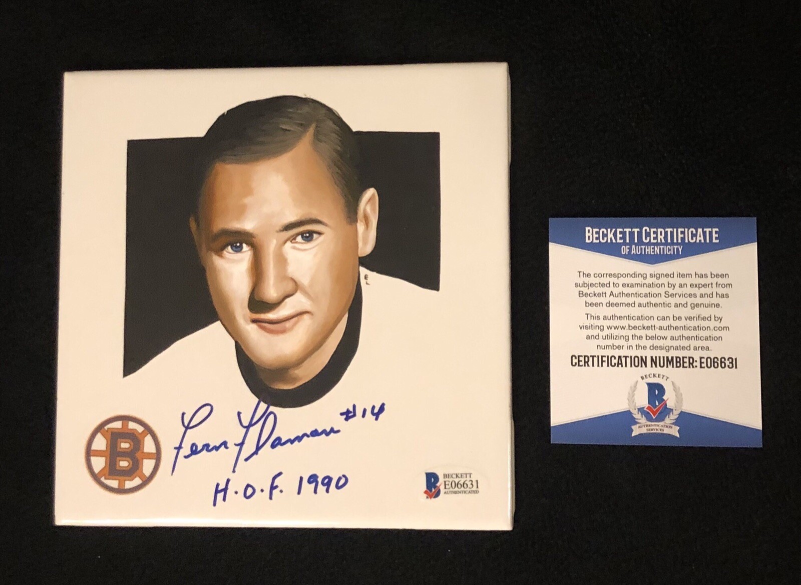 Fern Flaman Signed Boston Bruins Hand Painted Tile Beckett COA