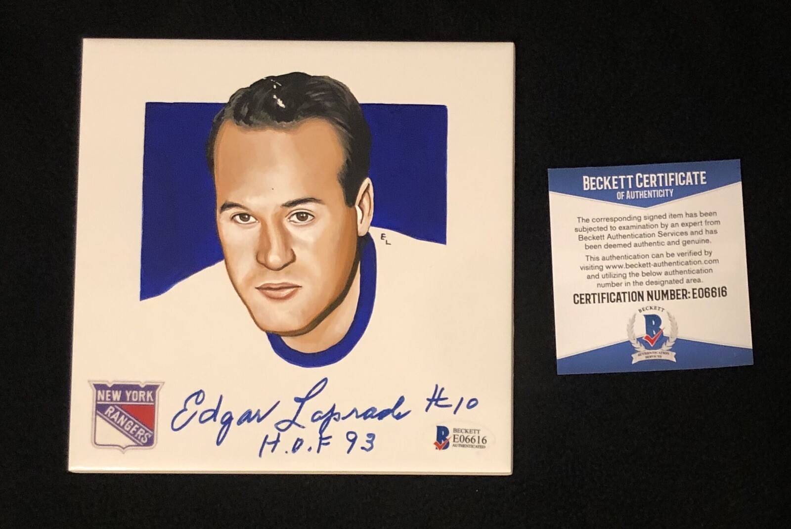 Edgar Laprade Signed New York Rangers Hand Painted Tile Beckett COA