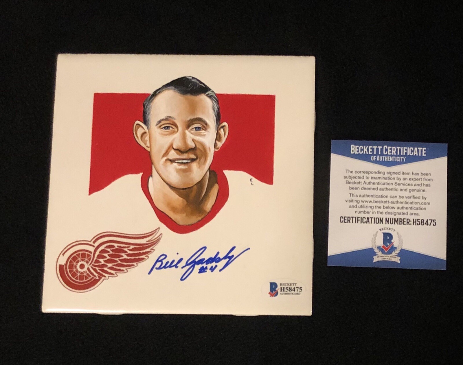 Bill Gadsby Signed Detroit Red Wings Hand Painted Tile Beckett COA