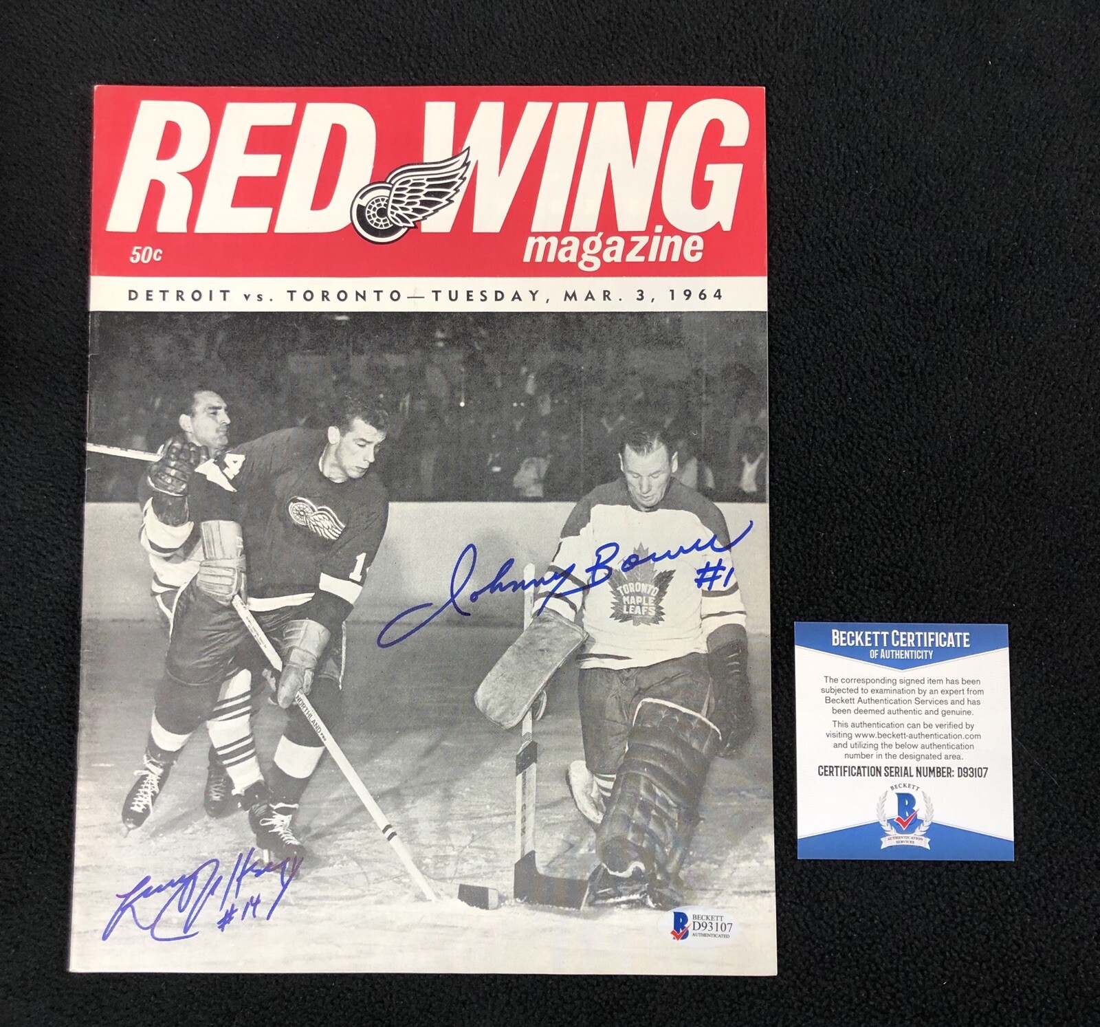 Johnny Bower & Larry Jeffrey Signed 1964 Detroit Red Wings Magazine Beckett COA