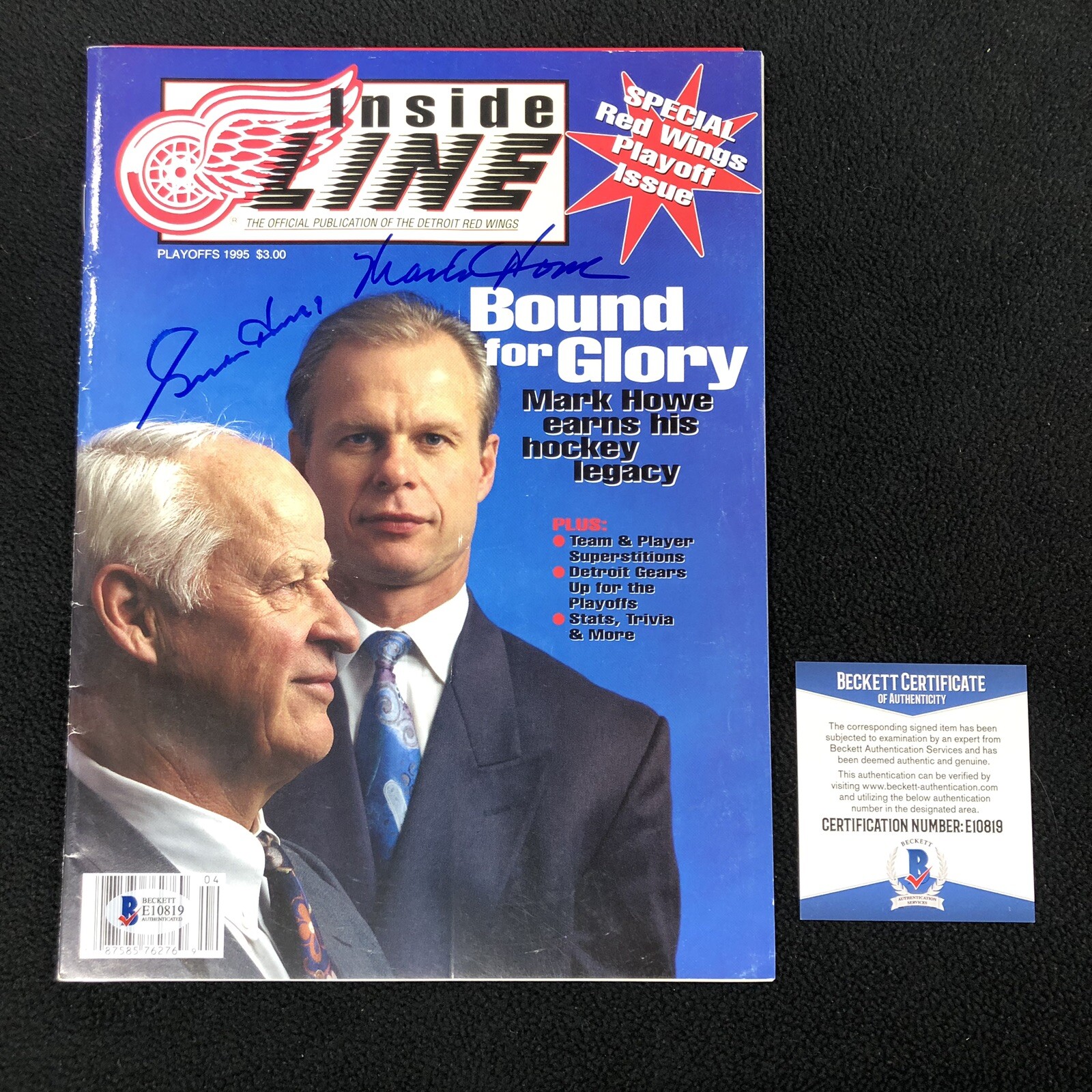 Gordie & Mark Howe Signed Detroit Red Wings Inside Line Magazine Beckett COA
