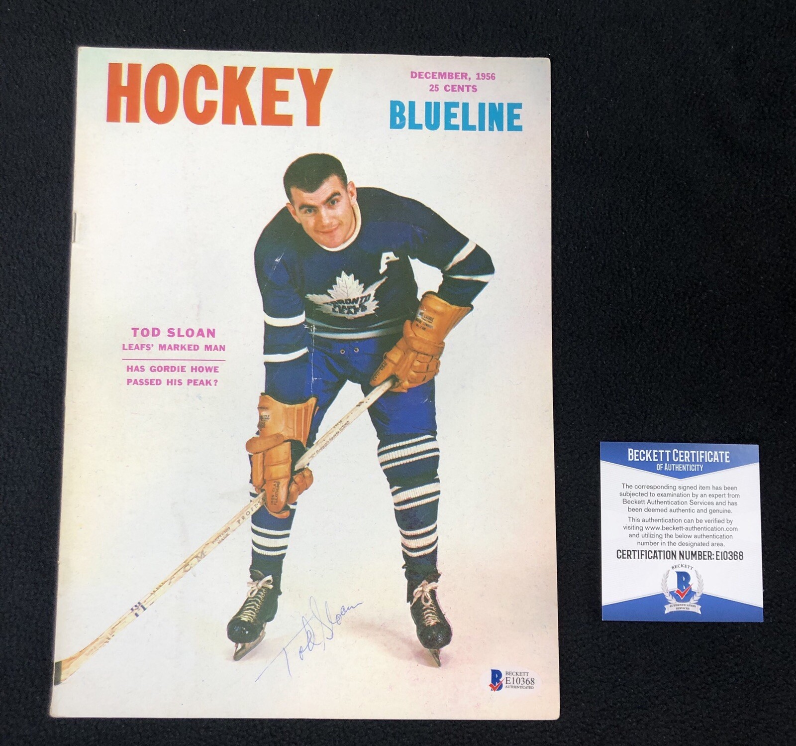 TOD SLOAN SIGNED TORONTO MAPLE LEAFS HOCKEY BLUELINE MAGAZINE BECKETT COA COLLECTIBLE MEMORABILIA