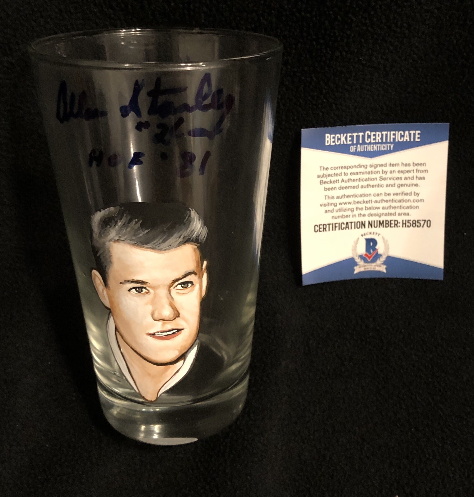 Allan Stanley Signed Painted Toronto Maple Leafs Pint Glass Beckett COA