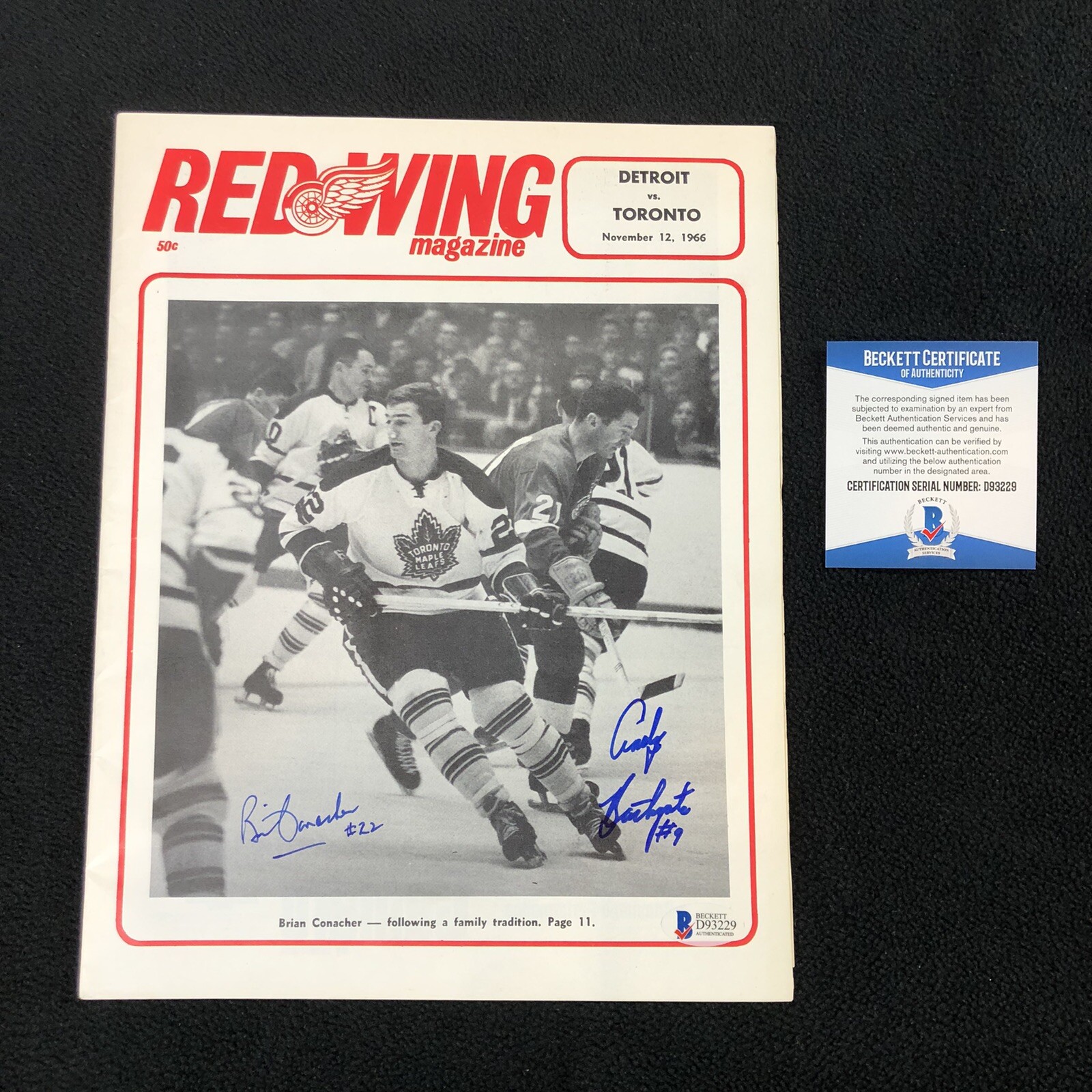 ANDY BATHGATE & BRIAN CONACHER SIGNED DETROIT RED WINGS 1966 PROGRAM BECKETT COA COLLECTIBLE MEMORABILIA
