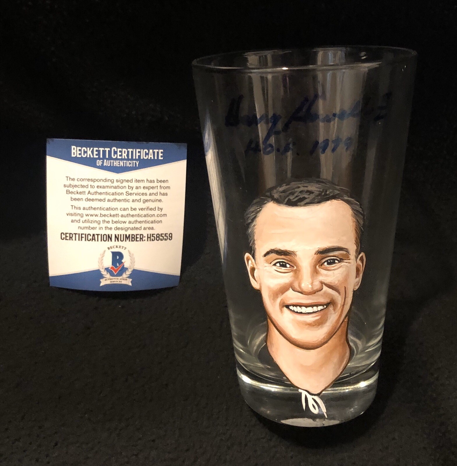 Harry Howell Signed & Inscribed Painted New York Rangers Glass Cup Beckett COA