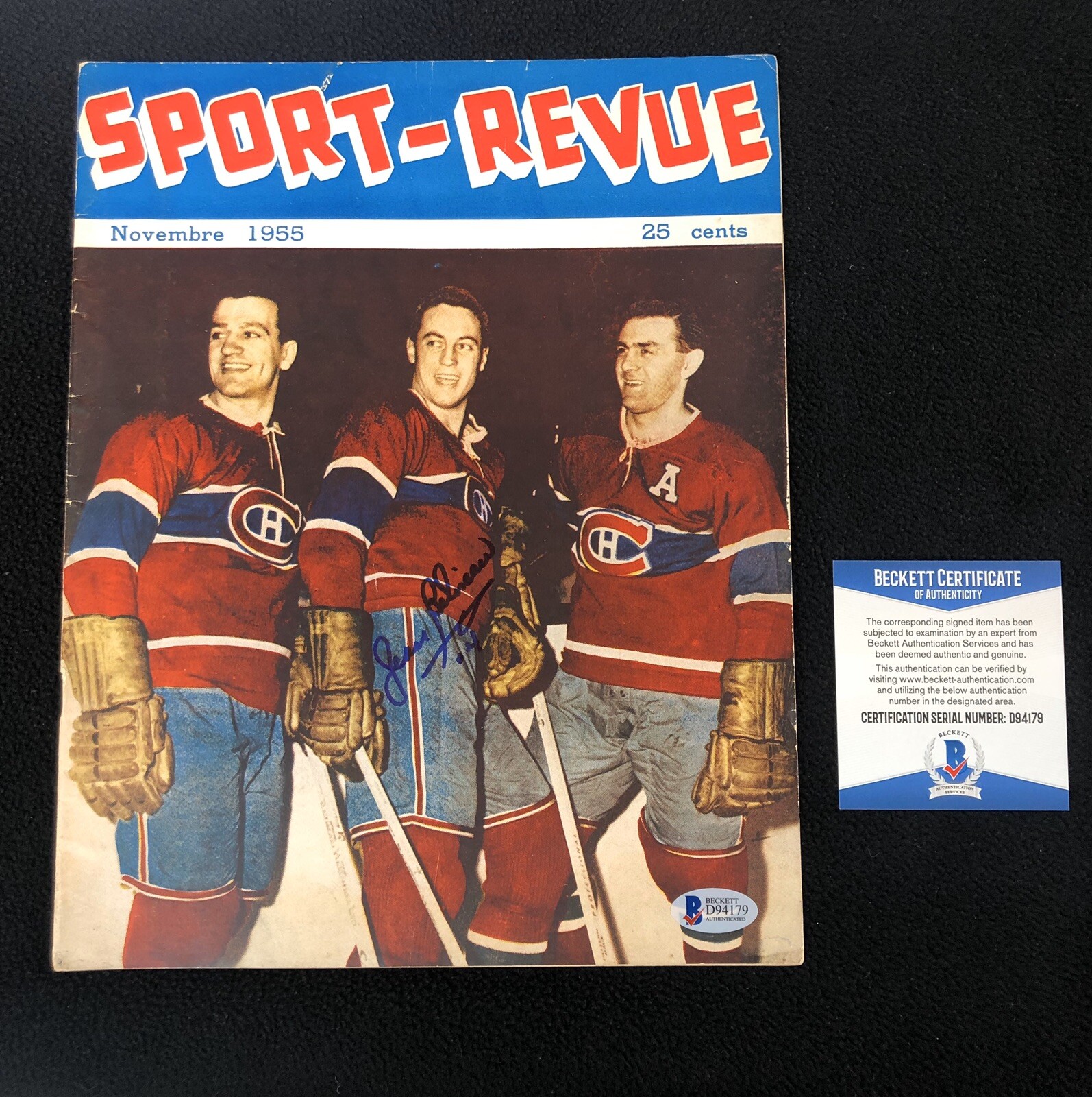 Jean Beliveau Signed Montreal Canadiens 1955 Sport Revue Magazine Beckett COA