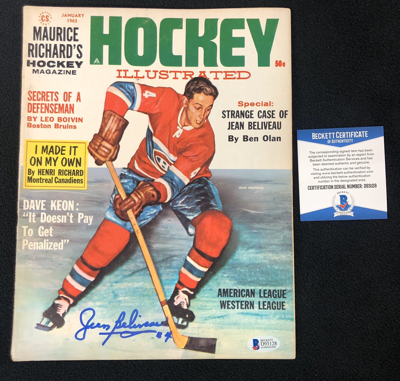 Jean Beliveau Signed Montreal Canadiens Hockey Illustrated Magazine Beckett COA