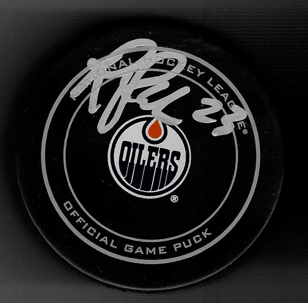 Riley Sheahan Signed Edmonton Oilers NHL 100 Official Game Puck Seattle Kraken