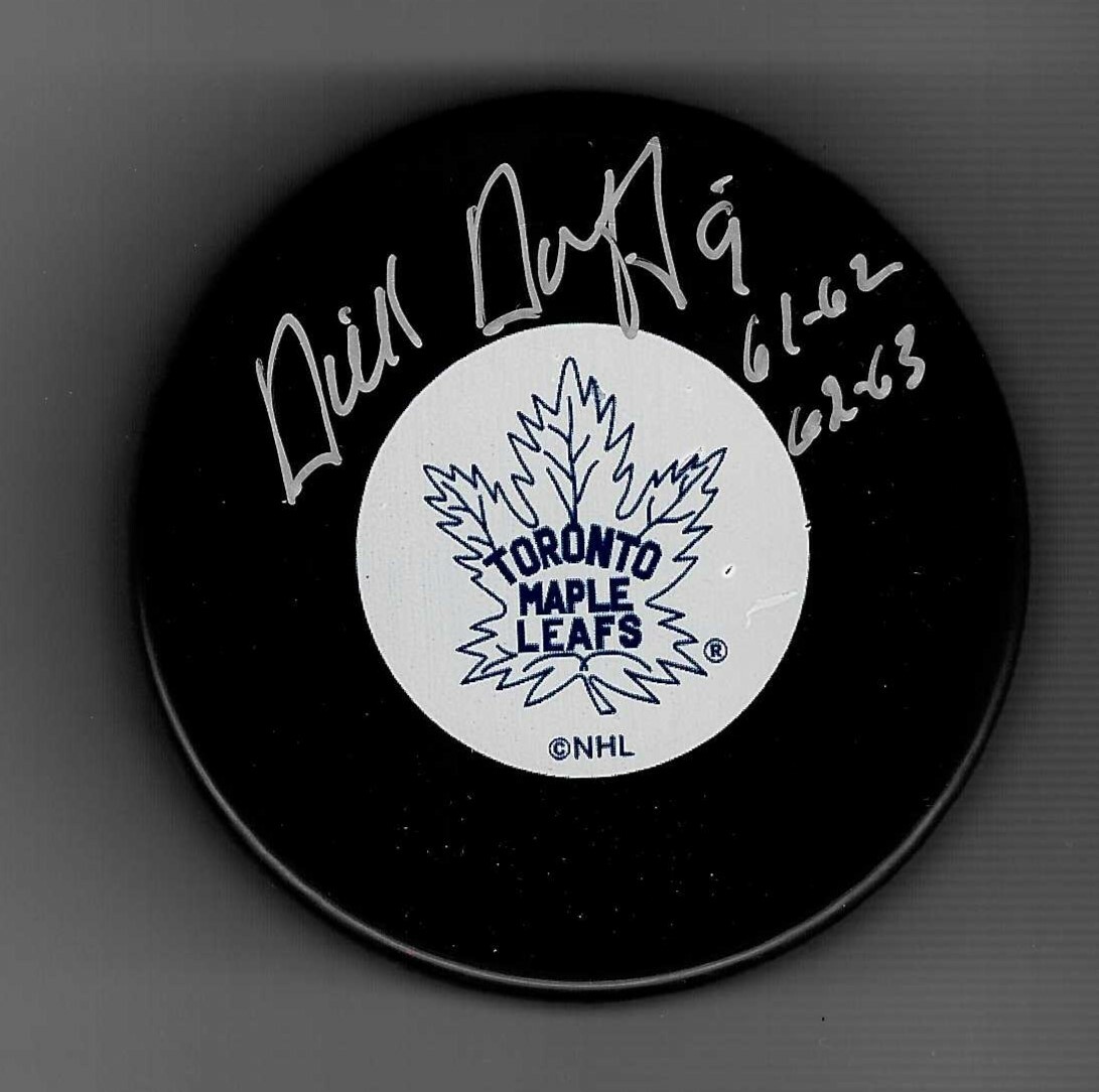 Dick Duff Signed & Inscribed 1962 & 1963 Stanley Cup Toronto Maple Leafs Puck