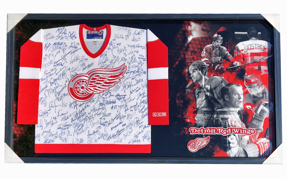 Detroit Red Wings Legends 62x34.5 Framed Jersey Signed By 109 Beckett Letter COA