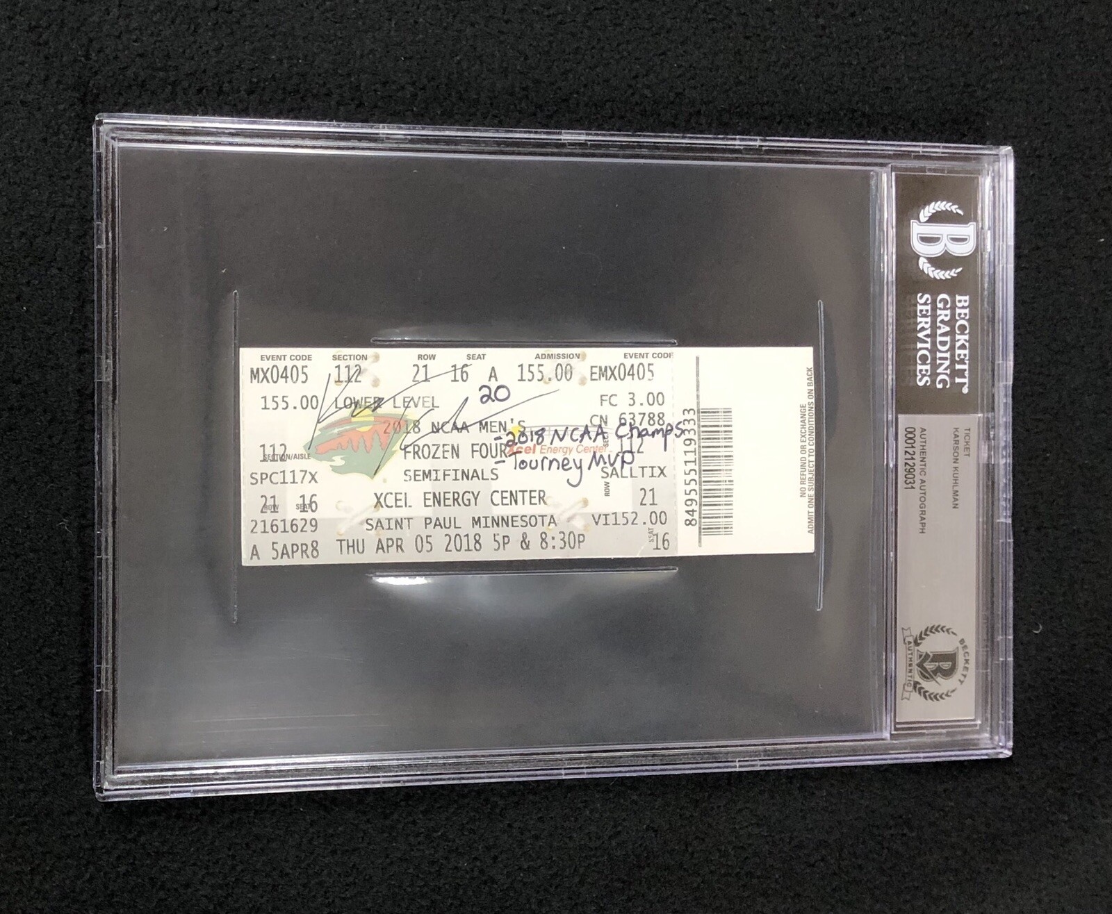 Karson Kuhlman Signed Minnesota-Duluth Frozen Four Ticket BAS Authenticated