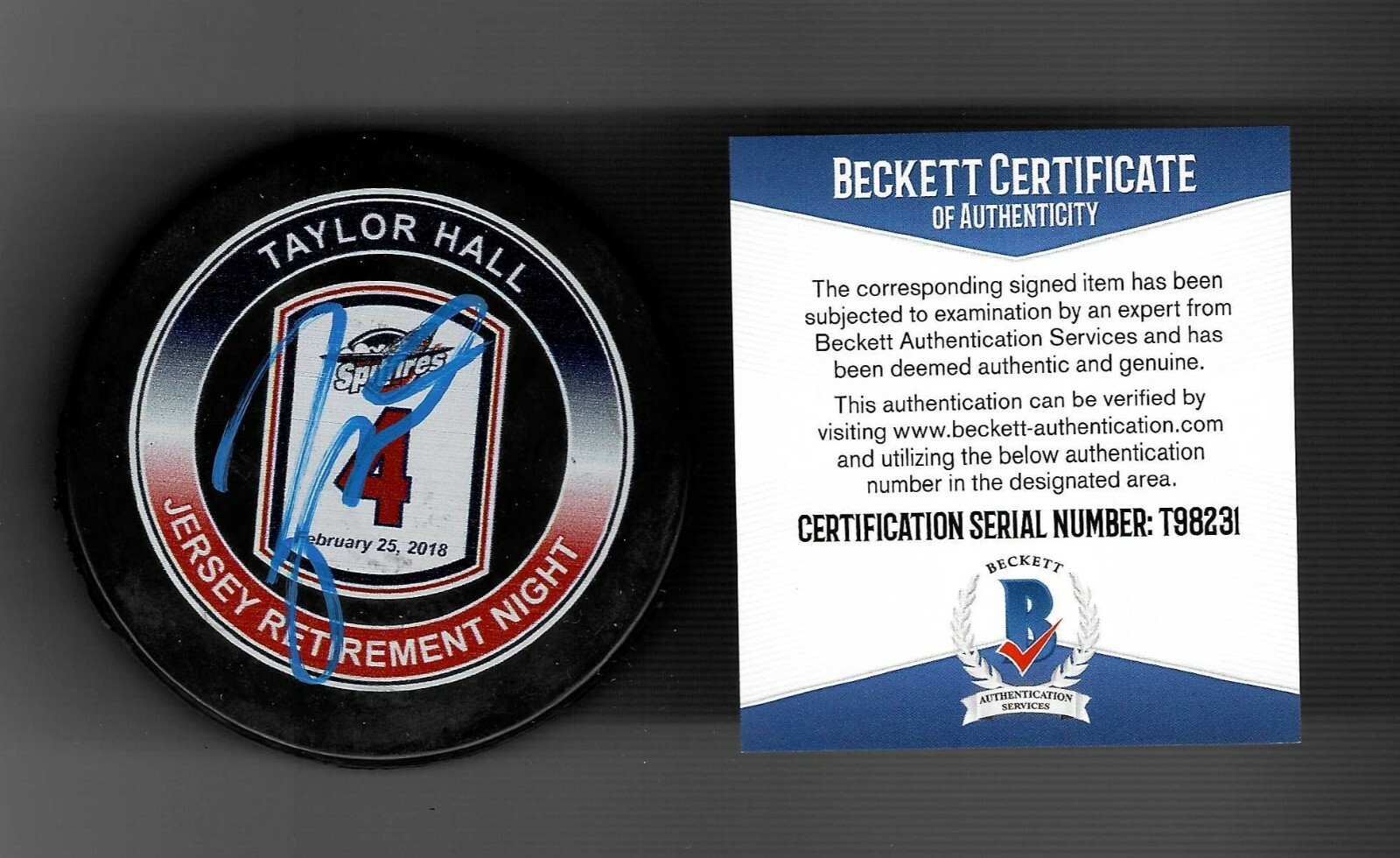 Taylor Hall Signed Windsor Spitfires Jersey #4 Retirement Game Puck Beckett COA