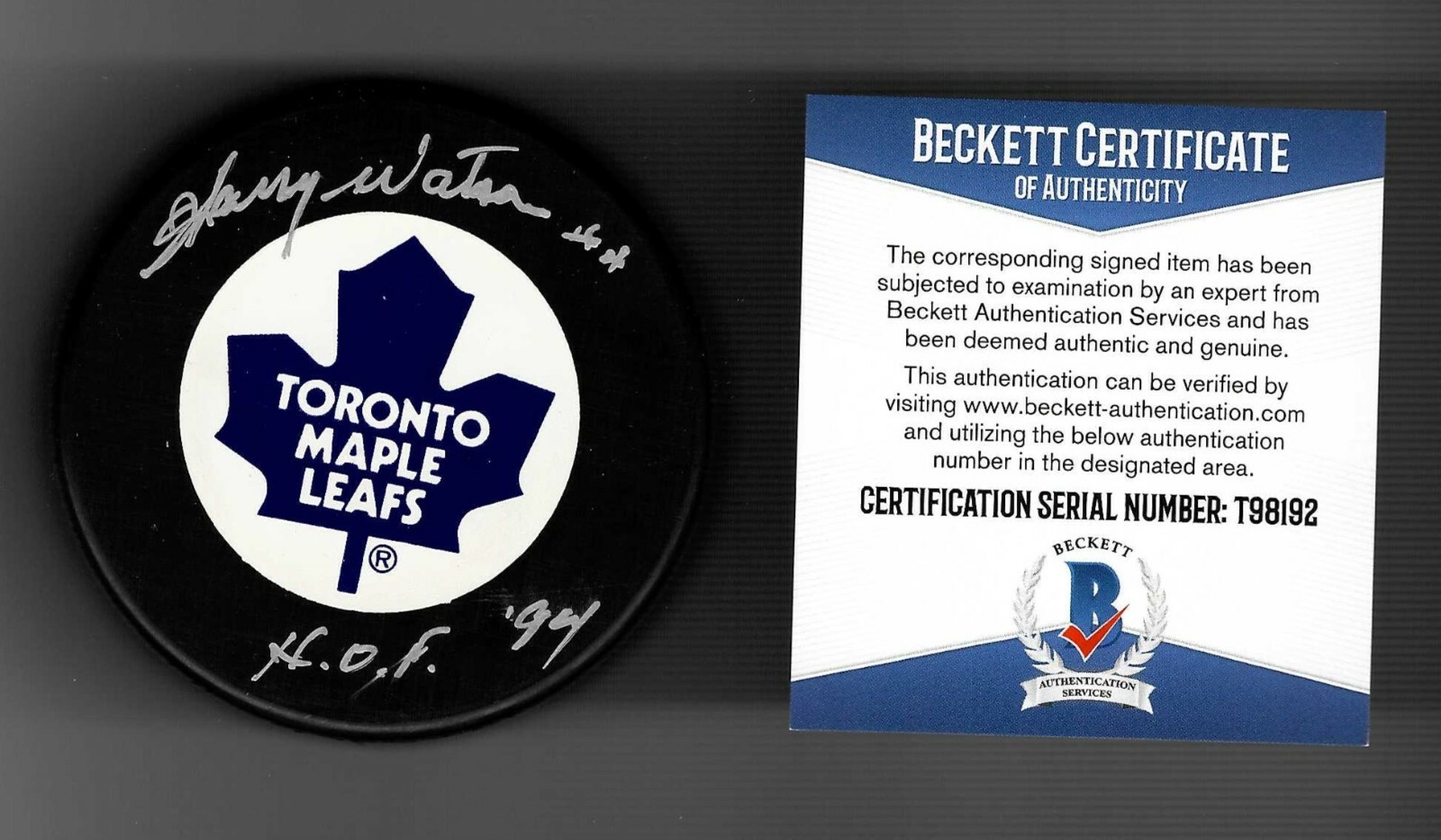 Harry Watson Signed Toronto Maple Leafs Trench Puck Beckett COA T981912