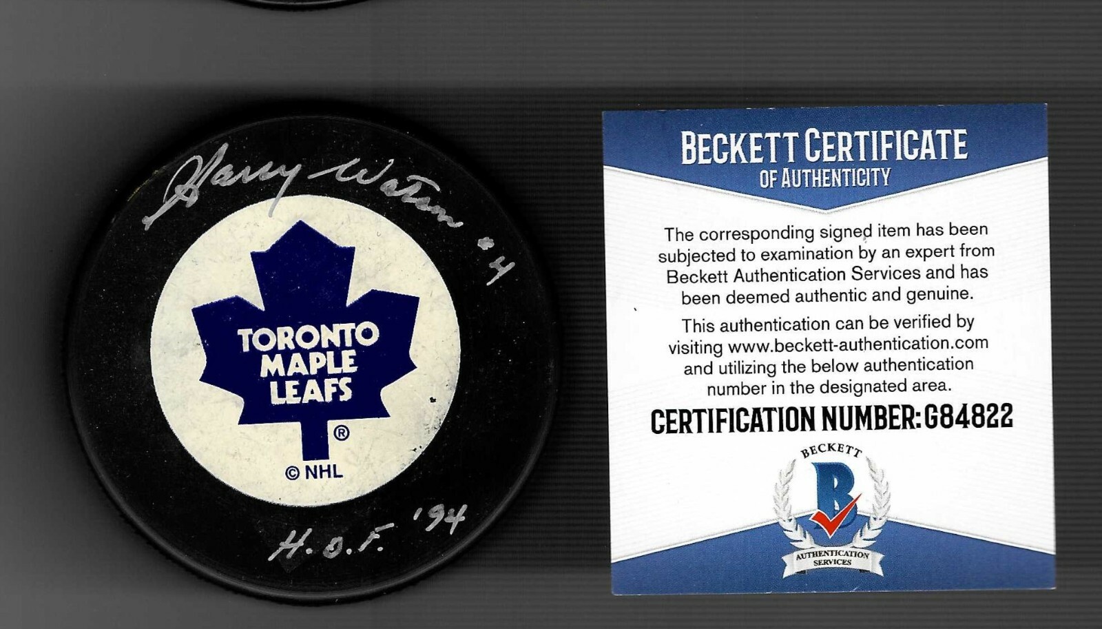 Harry Watson Signed Toronto Maple Leafs Trench Puck Beckett COA G84822