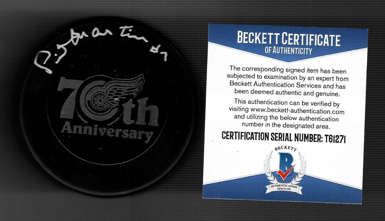 Pit Martin Signed Detroit Red Wings 70th Anniversary Puck Beckett COA