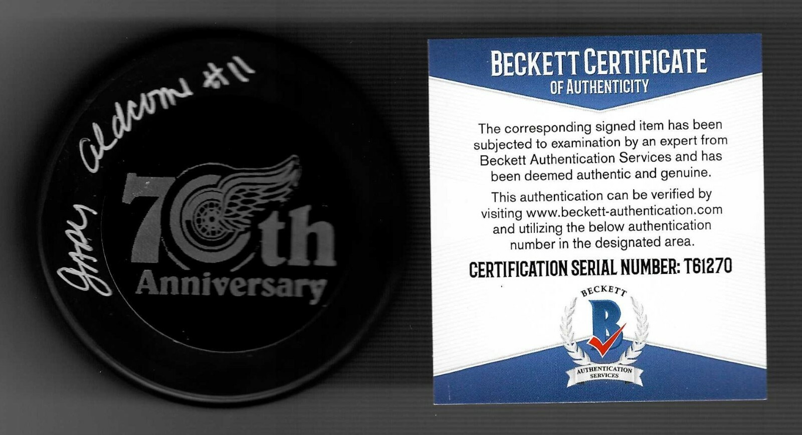 Gary Aldcorn Signed Detroit Red Wings 70th Anniversary Puck Beckett COA