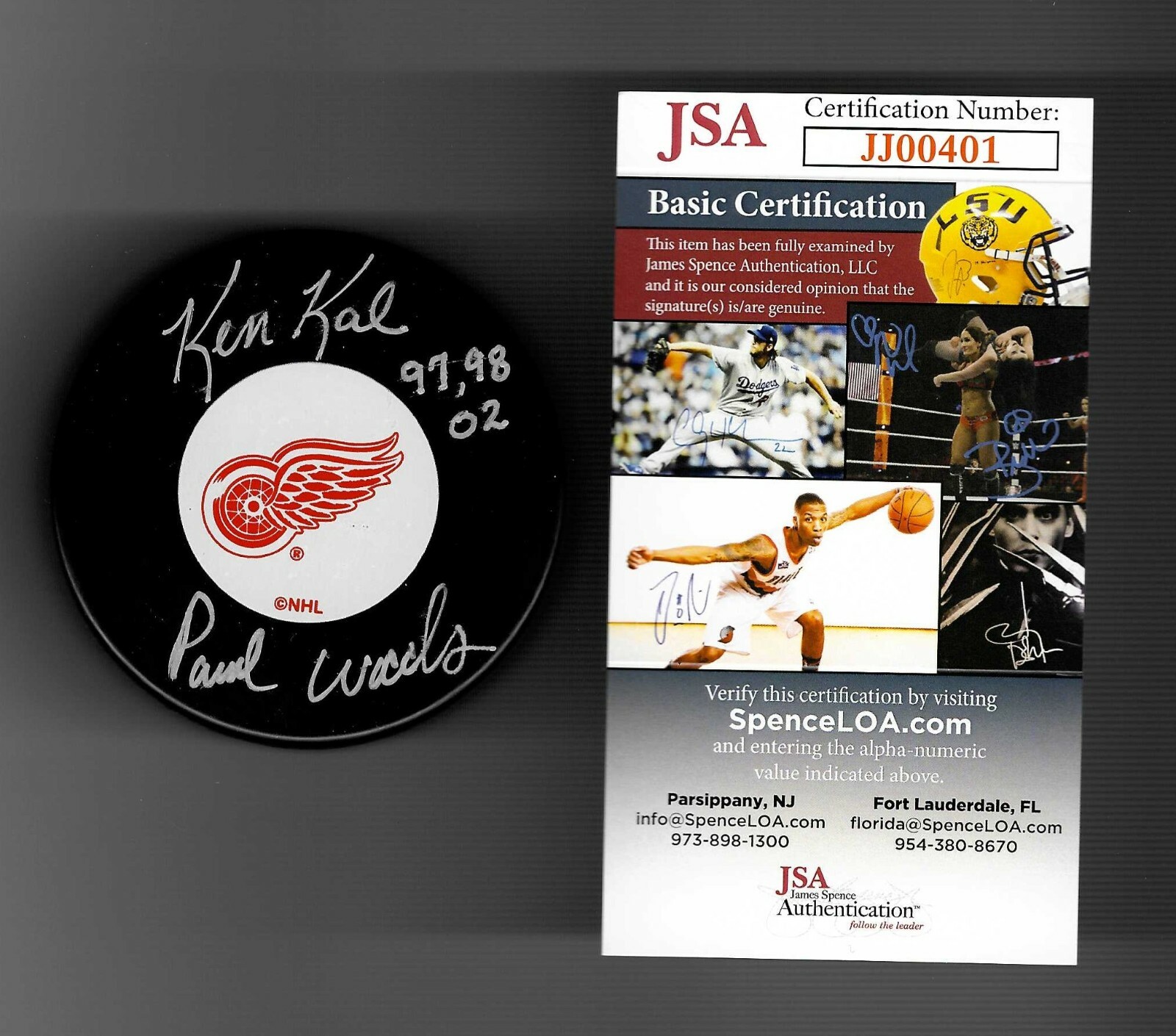 Ken Kal & Paul Woods Signed Detroit Red Wings Puck JSA COA