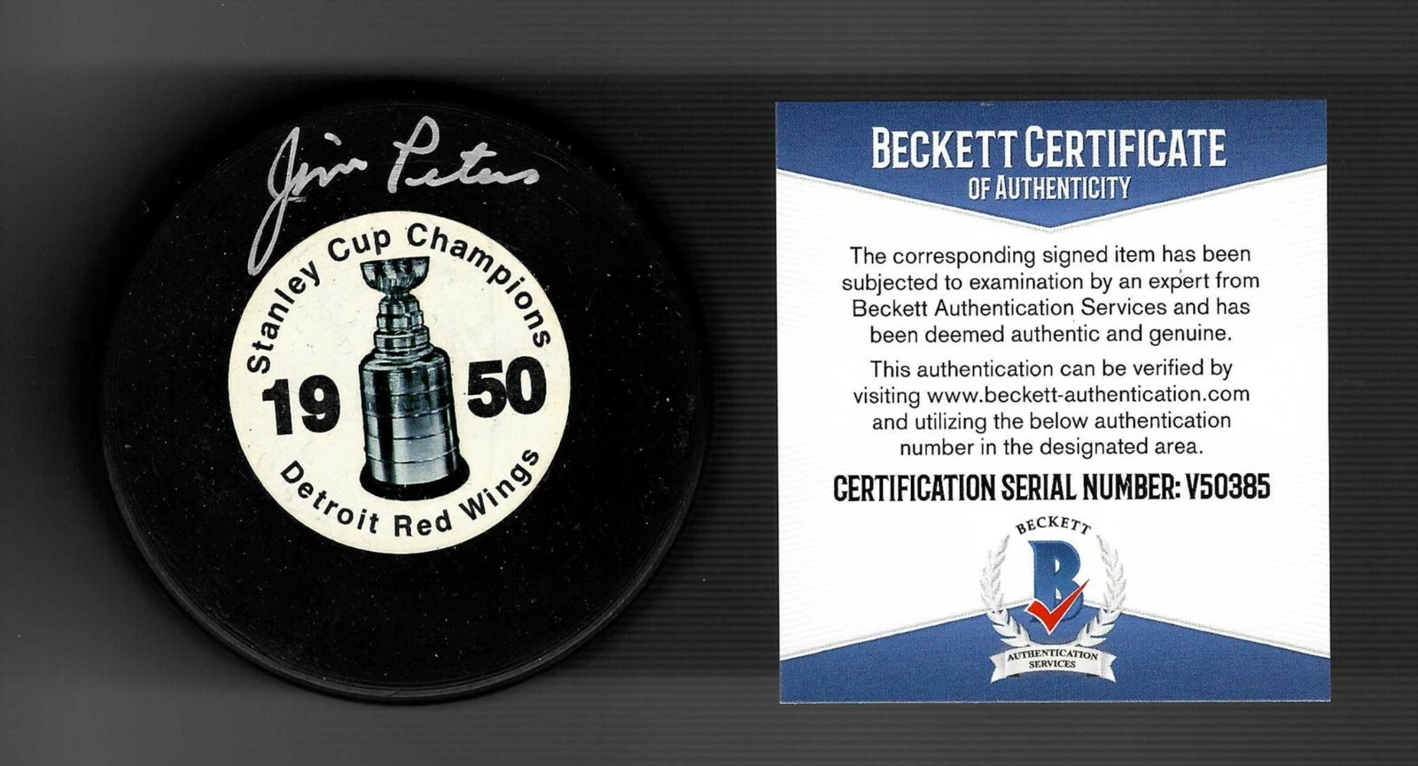 Jim Peters Signed Detroit Red Wings 1950 Stanley Cup Champions Puck Beckett COA