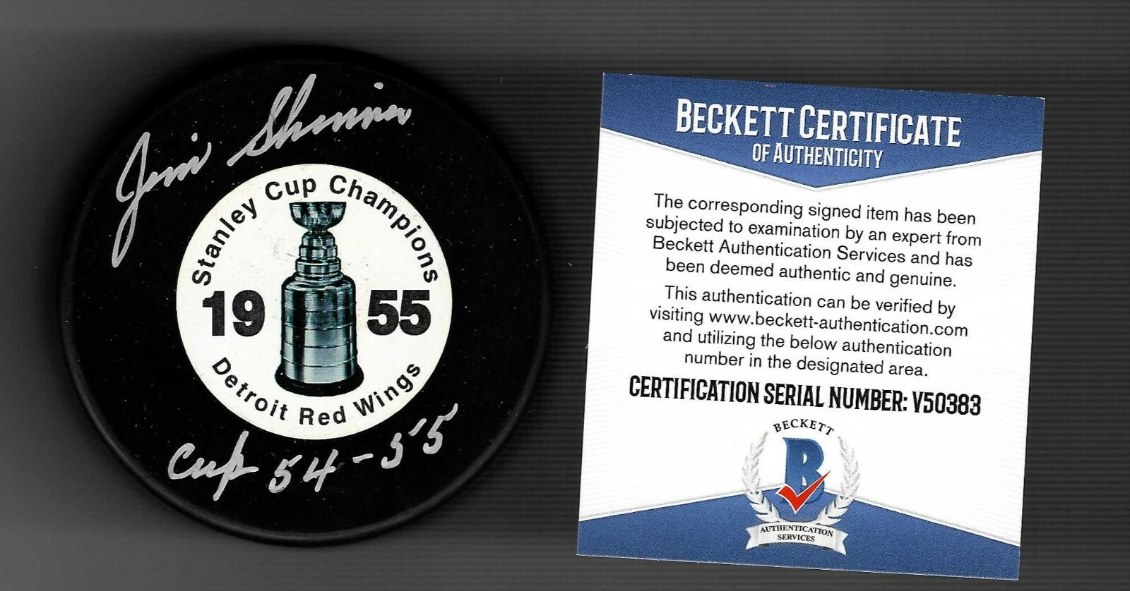 Jim Skinner Signed 1955 Stanley Cup Champs Detroit Red Wings Puck Beckett COA