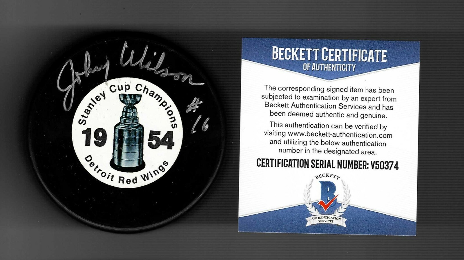 Johnny Wilson Signed Detroit Red Wings 1954 Stanley Cup Champs Puck Beckett COA