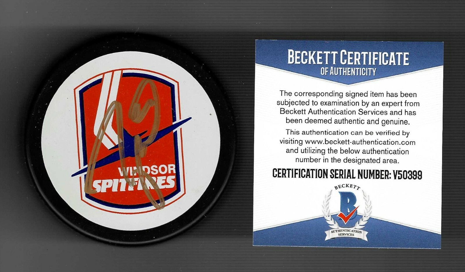 Taylor Hall Signed Windsor Spitfires Puck Beckett COA Boston Bruins