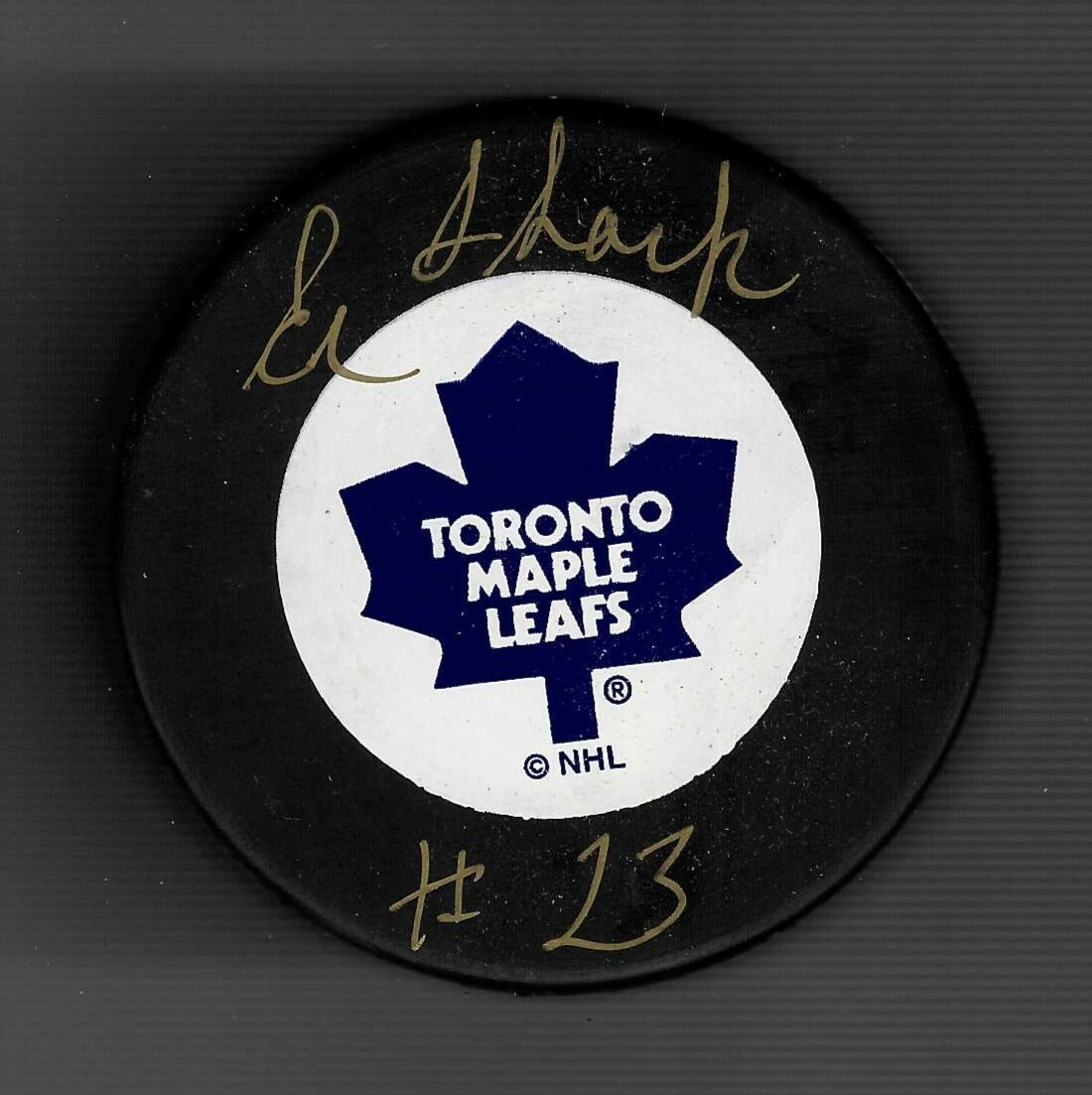 Eddie Shack Signed Toronto Maple Leafs Trench Puck Signed In Gold