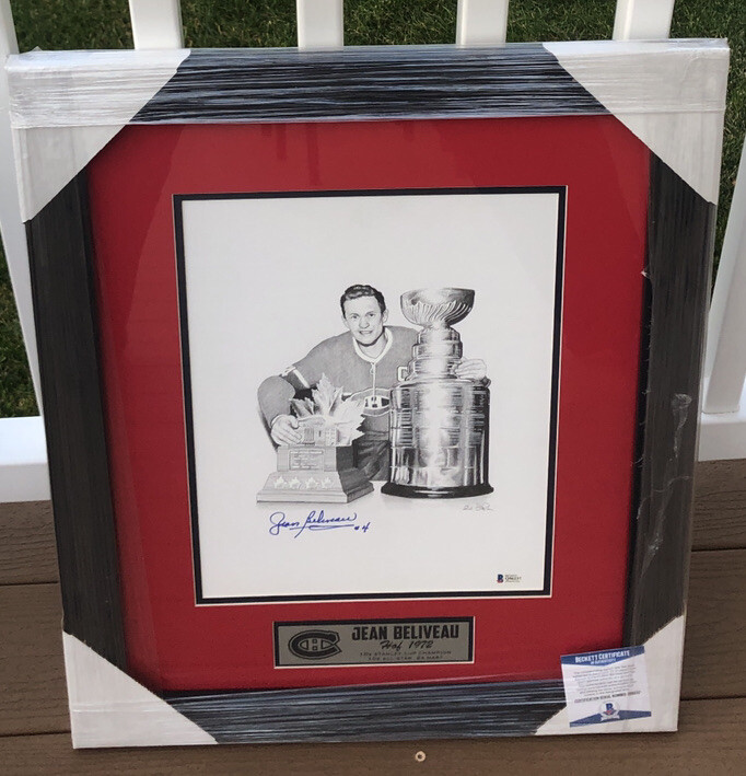 Jean Beliveau Signed Montreal Canadiens Framed Matted Pencil Sketch Beckett COA