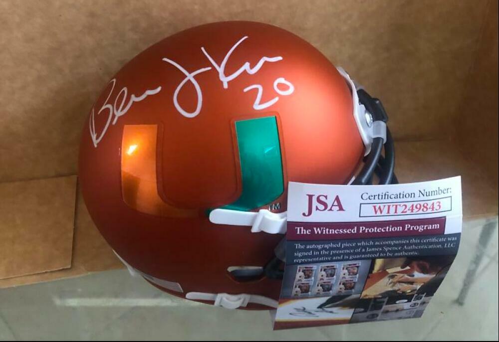 BERNIE KOSAR MIAMI HURRICANES SIGNED ORANGE SCHUTT AUTOGRAPHED MINI HELMET JSA W