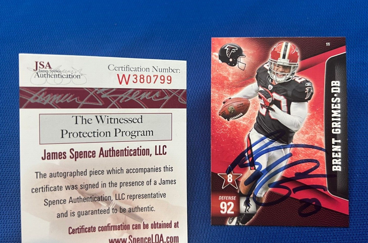 2011 PANINI BRENT GRIMES ATLANTA FALCONS SIGNED AUTOGRAPHED CARD JSA COA