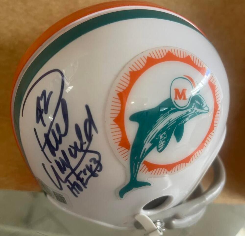 PAUL WARFIELD DOLPHINS HOF 83 SIGNED 2 BAR MINI HELMET BECKETT AUTH