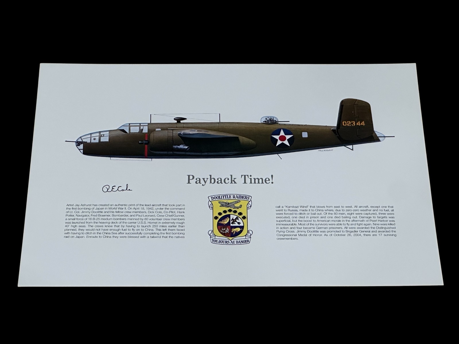 Richard Dick Cole Doolittle Raid Raider Co-Pilot WWII Signed Autograph Poster