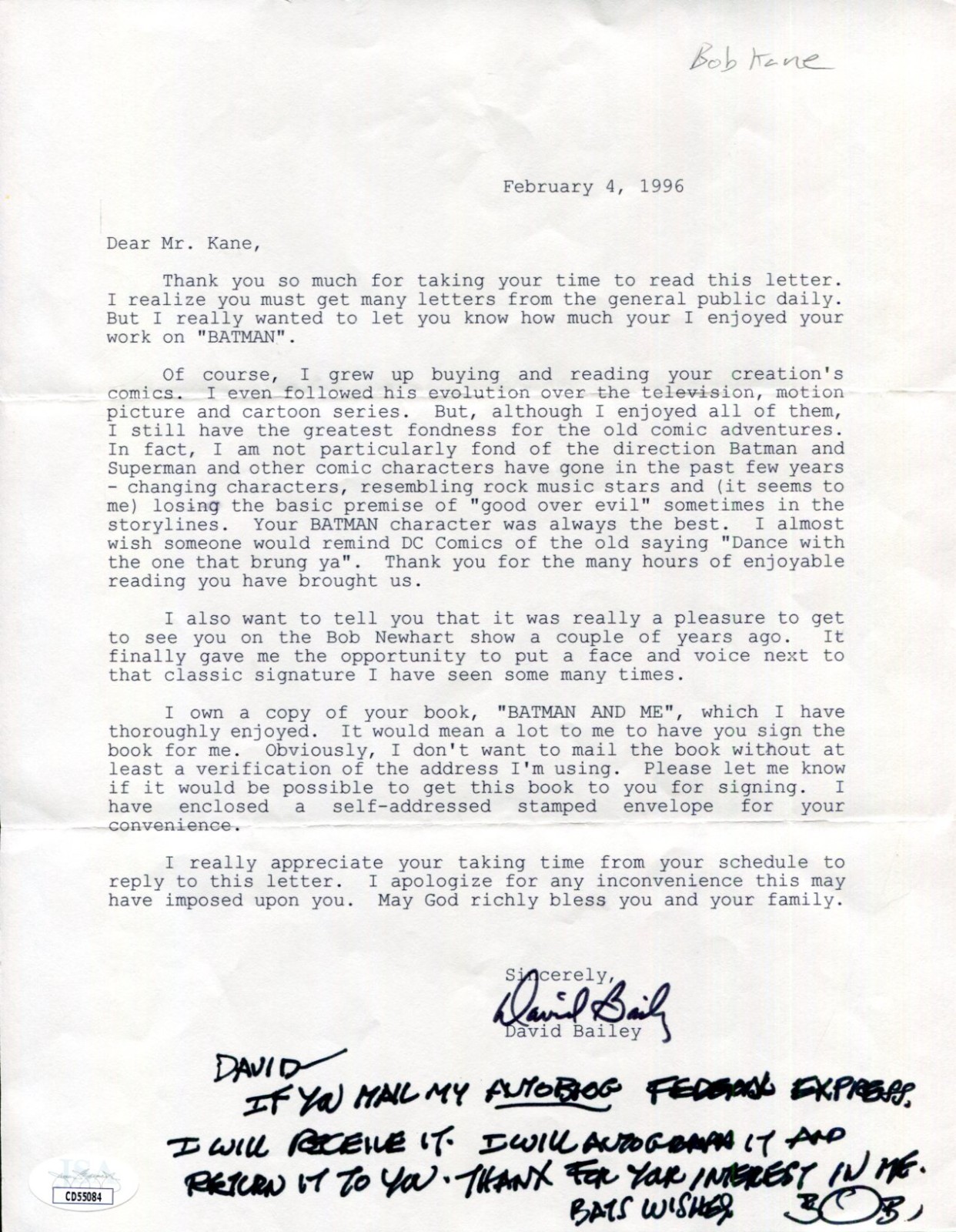 Bob Kane Batman Creator Comics Artist Cartoonist Signed Autograph Note JSA