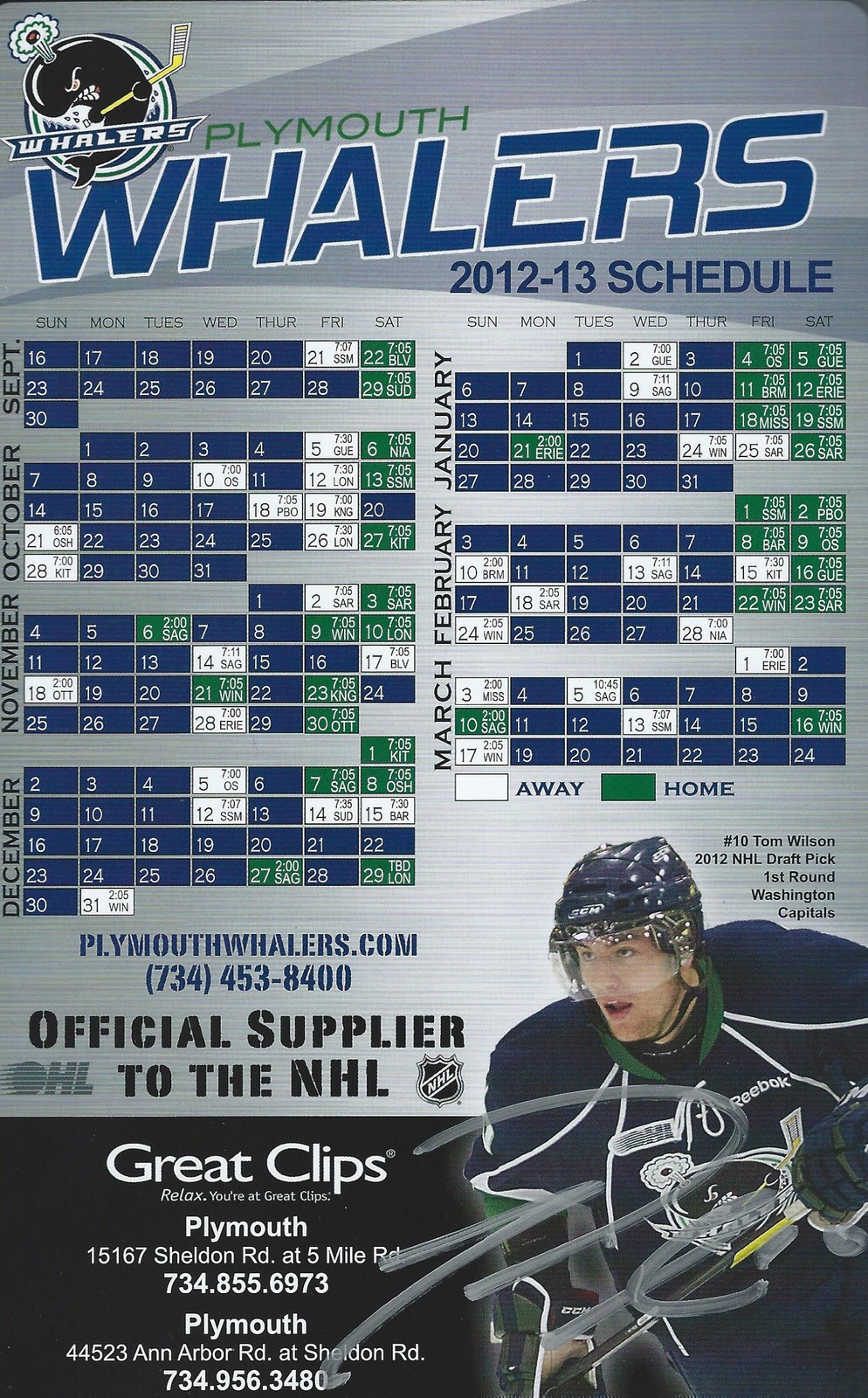 Tom WILSON Signed Plymouth Whalers Magnet Schedule