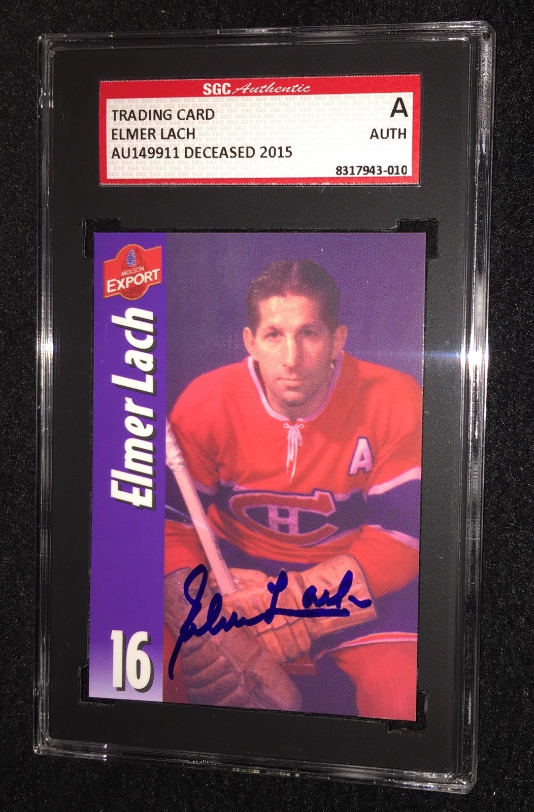 ELMER LACH SIGNED MOLSON EXPORT CARD  SGC AUTHENTICATED MONTREAL CANADIENS