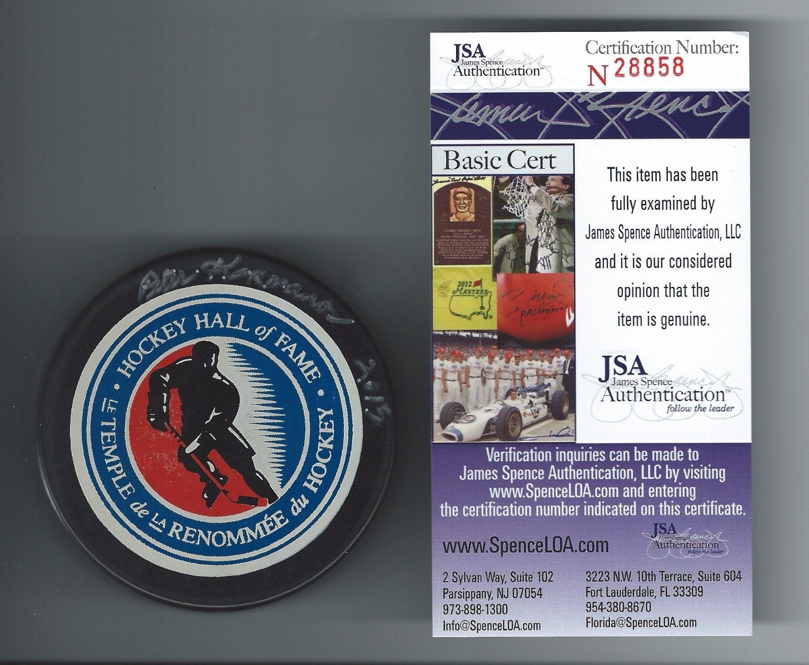 PETER KARMANOS SIGNED & INSCRIBED HIOCKEY HALL OF FAME PUCK JSA AUTHENTICATED