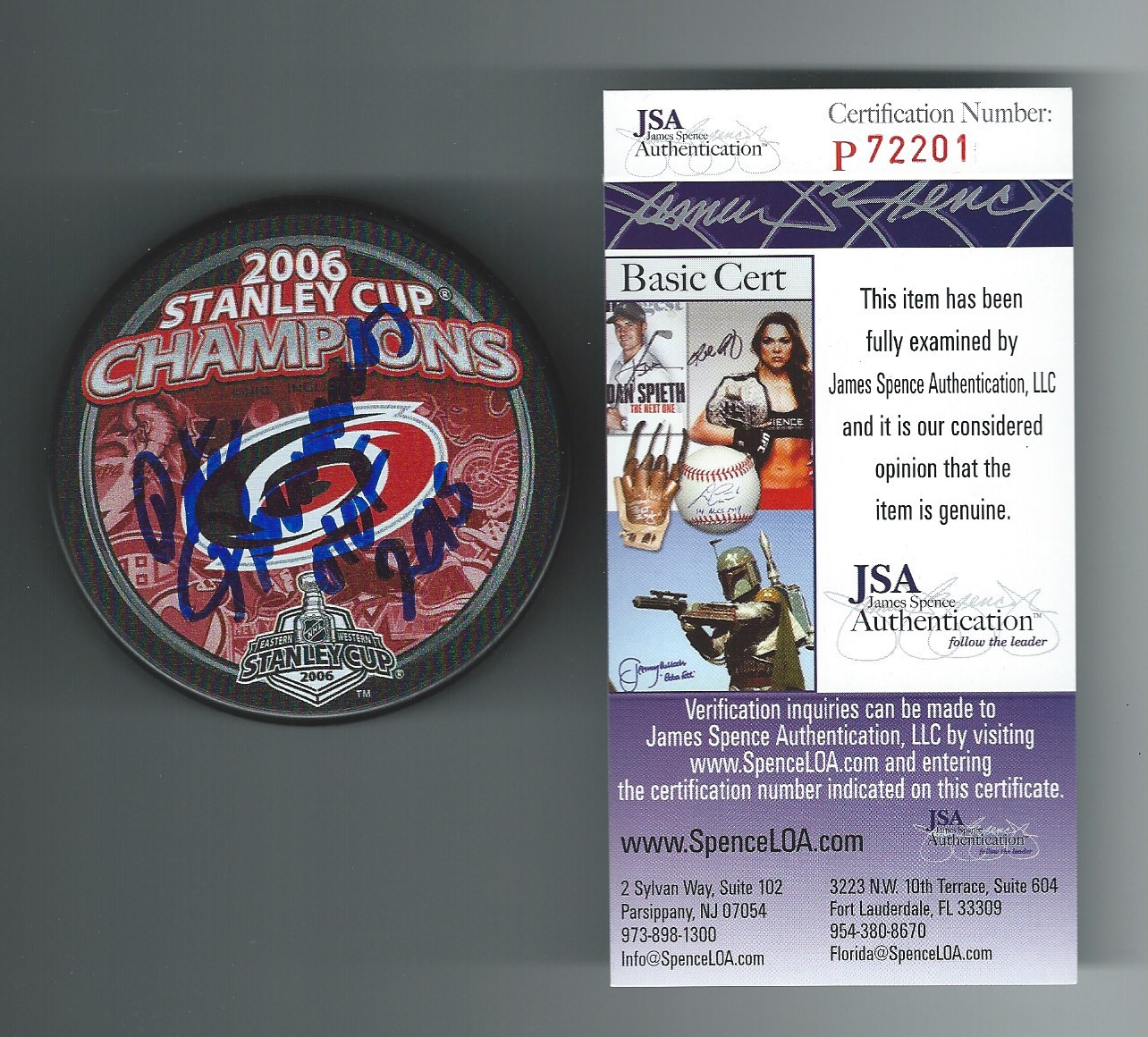 PETER KARMANOS SIGNED CAROLINA HURRICANES 2006 STANLEY CUP PUCK JSA P72201
