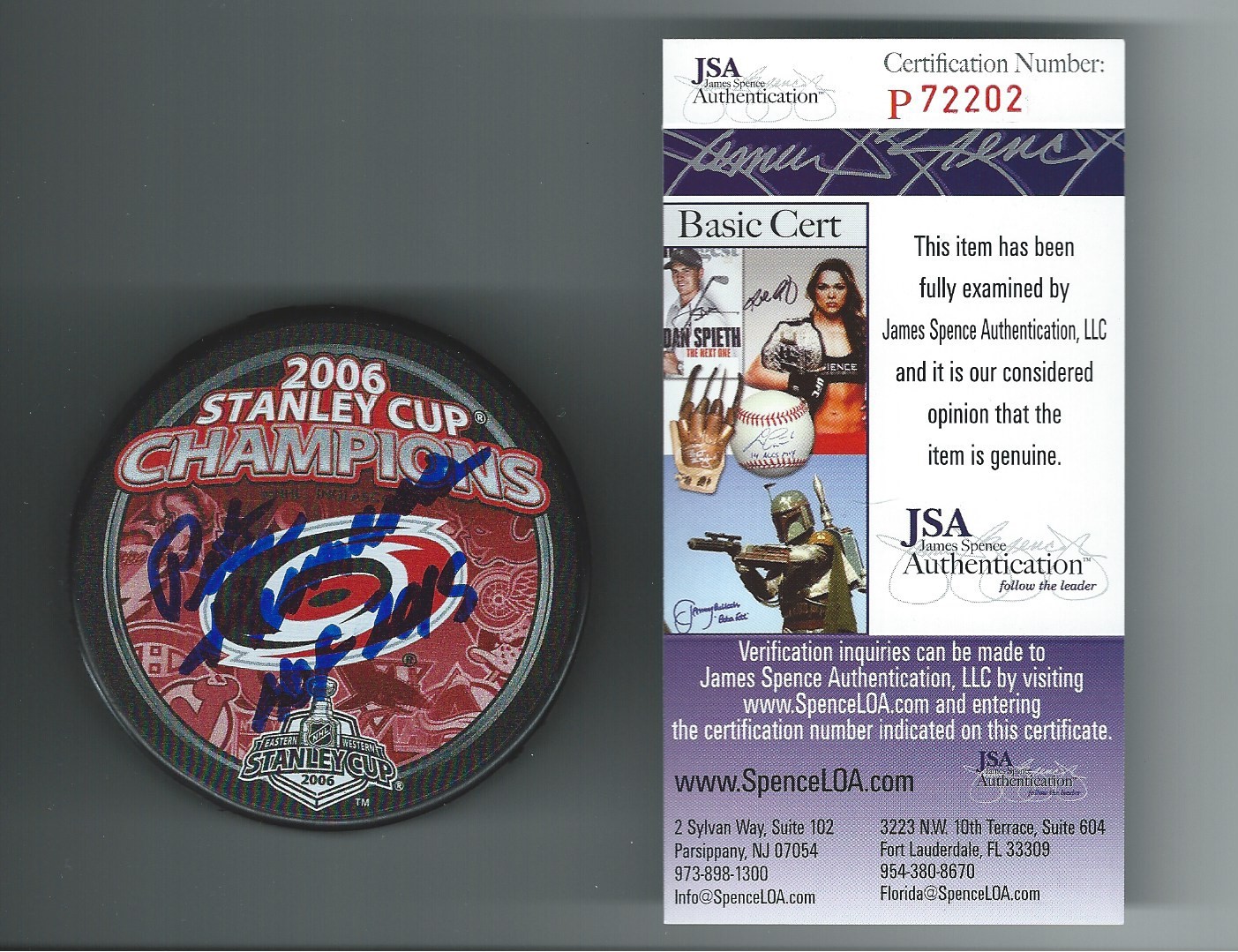 PETER KARMANOS SIGNED CAROLINA HURRICANES 2006 STANLEY CUP PUCK JSA P72202